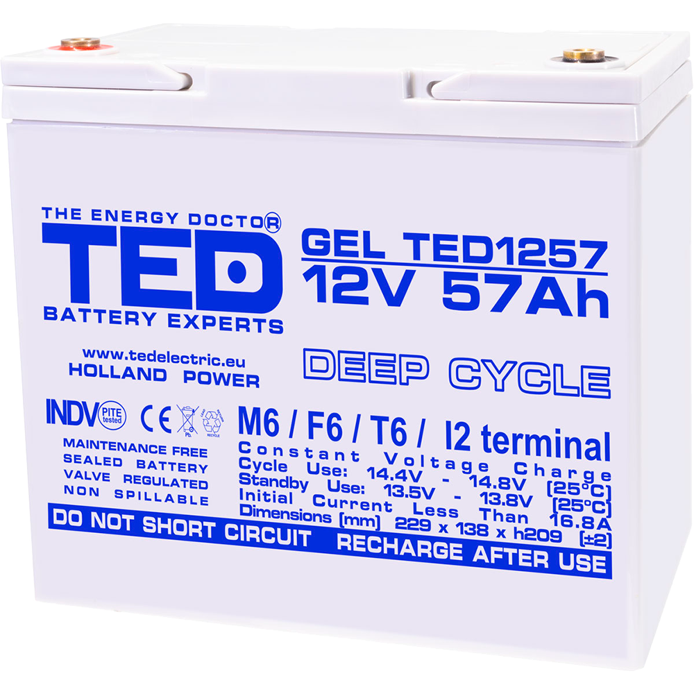 Baterie 55Ah Solara, UPS 12V 57Ah Acumulator Gel TED Electric TED003393 Imagine principală a produsului