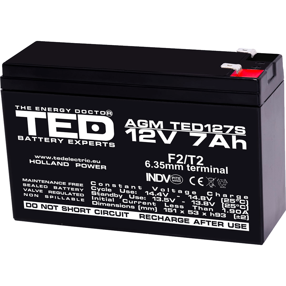 Baterie UPS 12V 7Ah F2 Acumulator Slim TED Electric TED003195 Imagine principală a produsului
