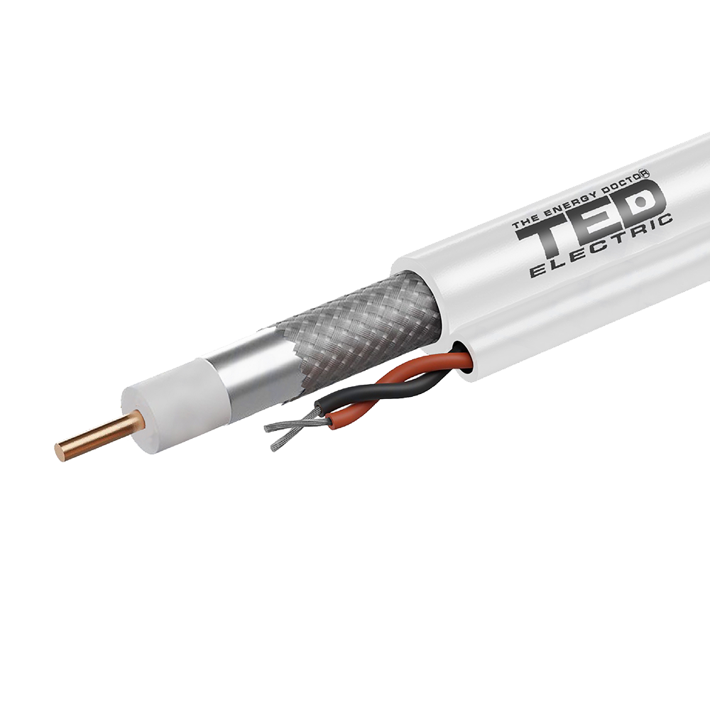 Cablu coaxial cu ALIMENTARE 75 ohm RG6 CCS + 2 fire CCA x 0,75 mm alb TED rola 100 metri TED Electric TED002372 Imagine principală a produsului