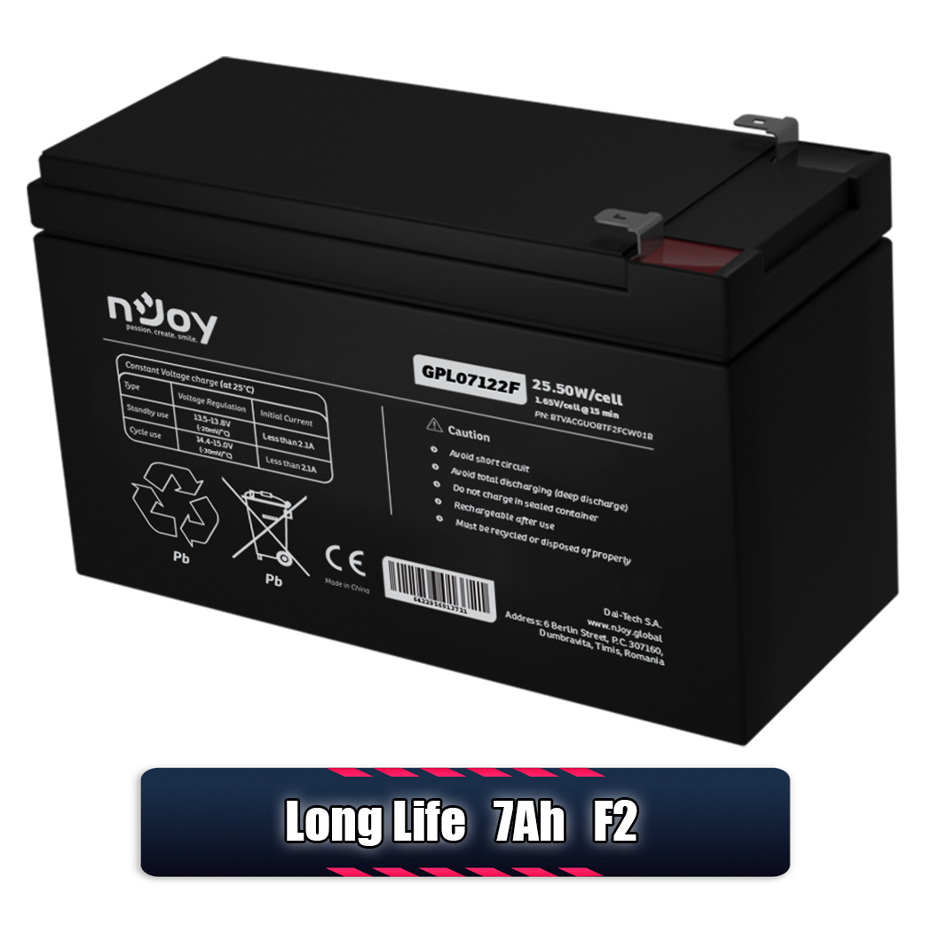 Acumulator 12V 7Ah, Baterie VRLA 12V 7Ah F2 nJoy LONG LIFE pentru UPS-uri Profesionale Imagine secundară a produsului