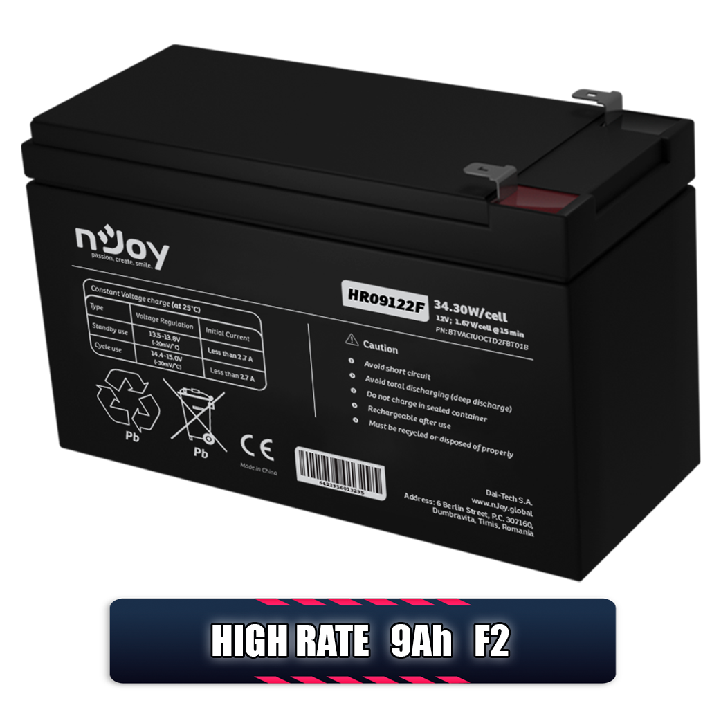 Acumulator 12V 9Ah, Baterie 12V 9Ah F2 nJoy HIGH RATE pentru UPS-uri Profesionale Imagine secundară a produsului