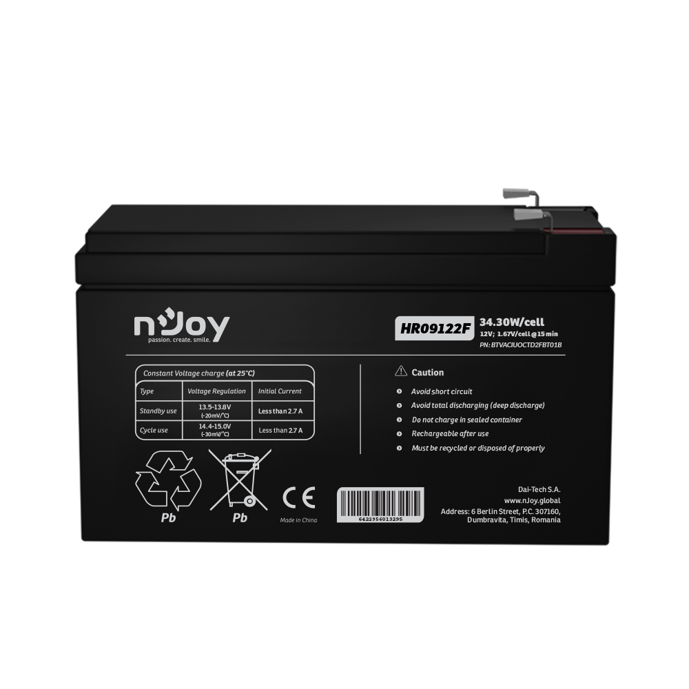 Acumulator 12V 9Ah, Baterie 12V 9Ah F2 nJoy HIGH RATE pentru UPS-uri Profesionale Imagine secundară a produsului