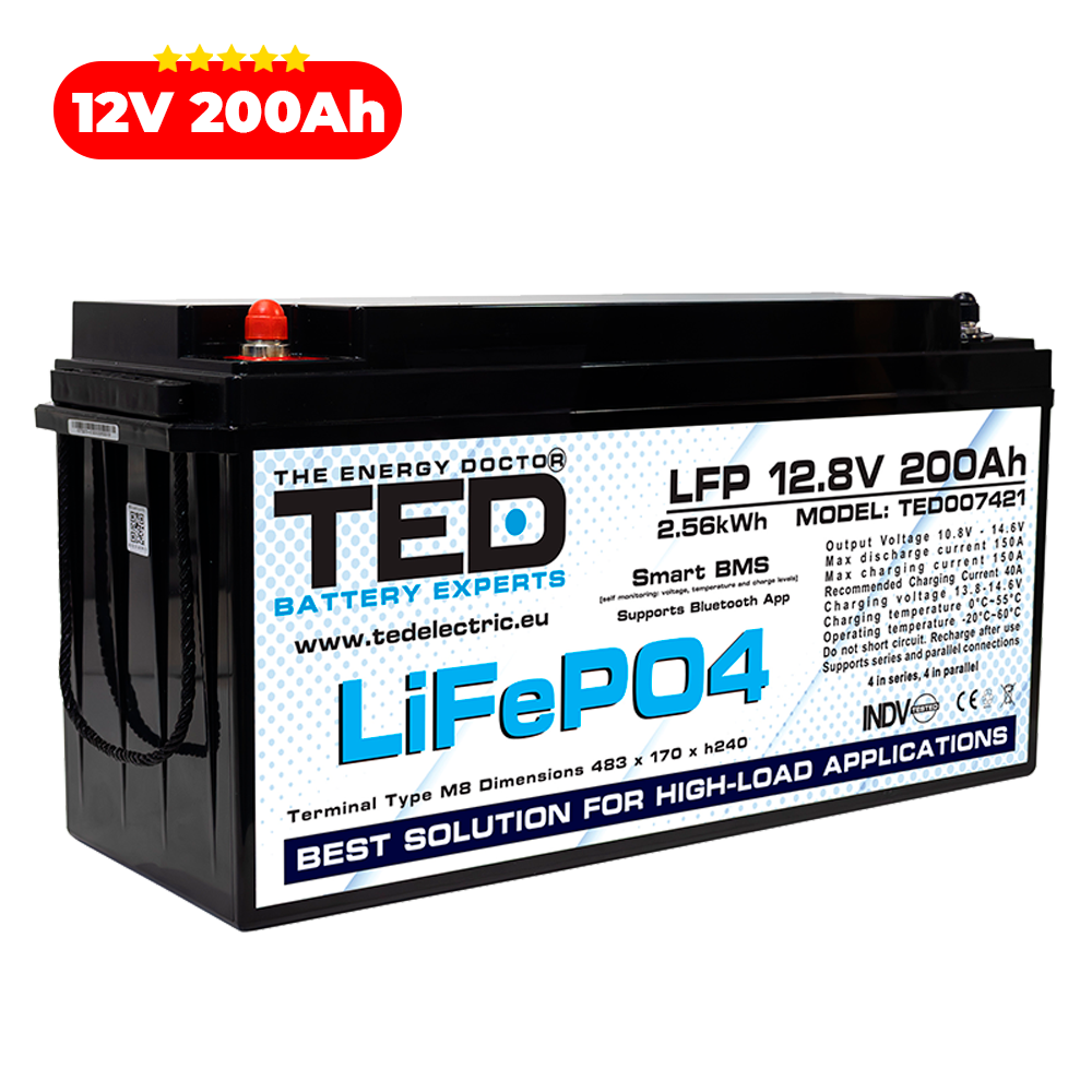 Baterie LiFePO4 12V 200Ah - Acumulator BMS, Bluetooth TED Electric TED007421 Imagine secundară a produsului
