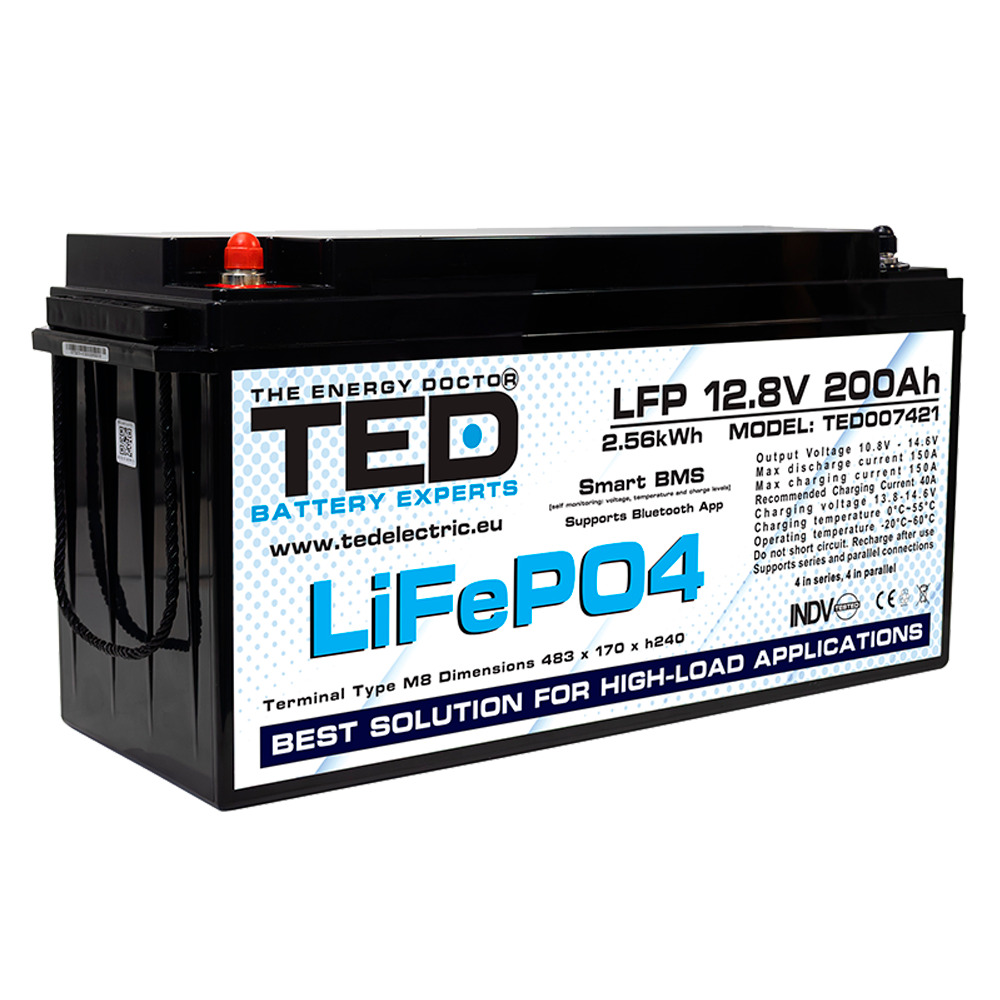 Baterie LiFePO4 12V 200Ah - Acumulator BMS, Bluetooth TED Electric TED007421 Imagine principală a produsului