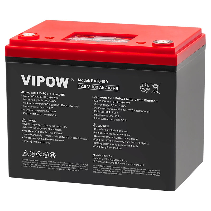Baterie LiFePO4 12V 100Ah - Acumulator BMS, Bluetooth, Display Vipow BAT0499 Imagine principală a produsului