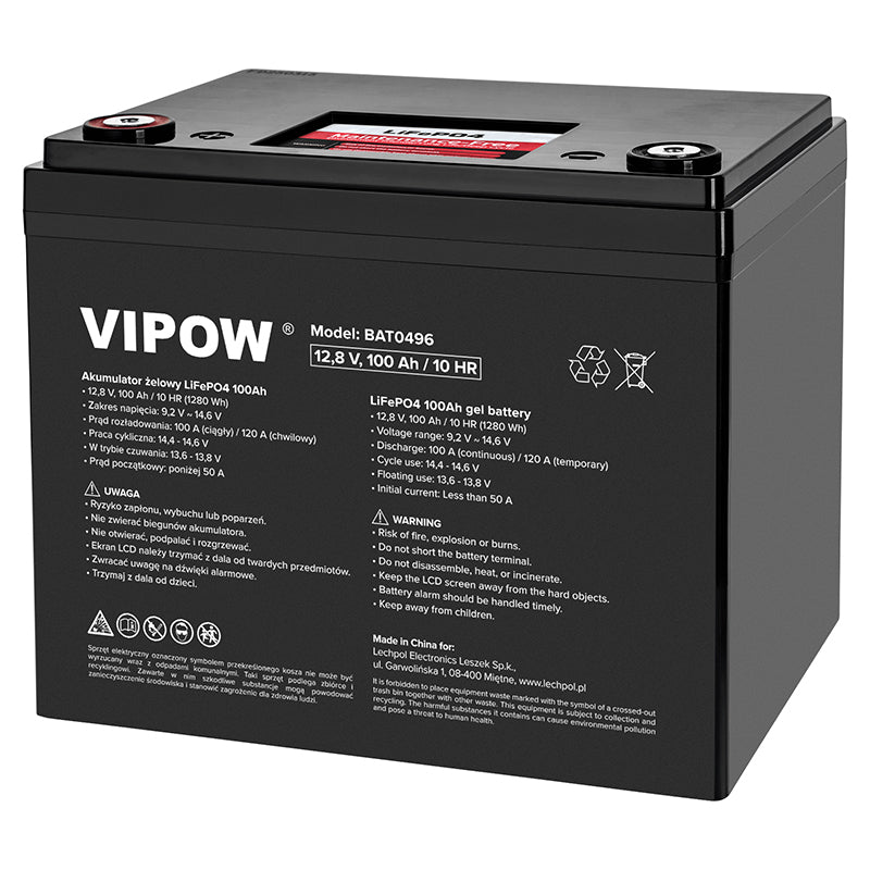 Baterie LiFePO4 12V 100Ah - Acumulator cu BMS Vipow BAT0496 Imagine principală a produsului