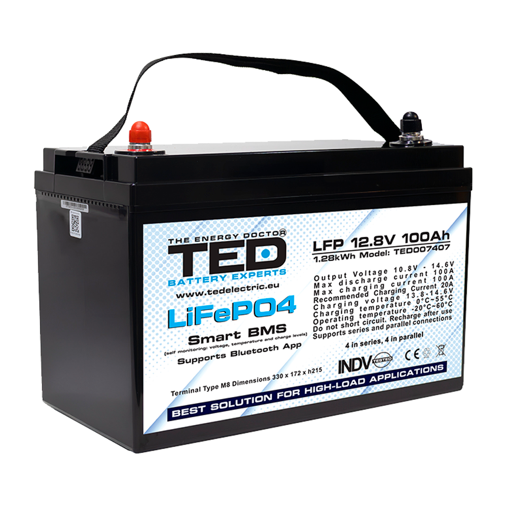 Baterie LiFePO4 12V 100Ah - Acumulator BMS, Bluetooth TED Electric TED007407 Imagine principală a produsului