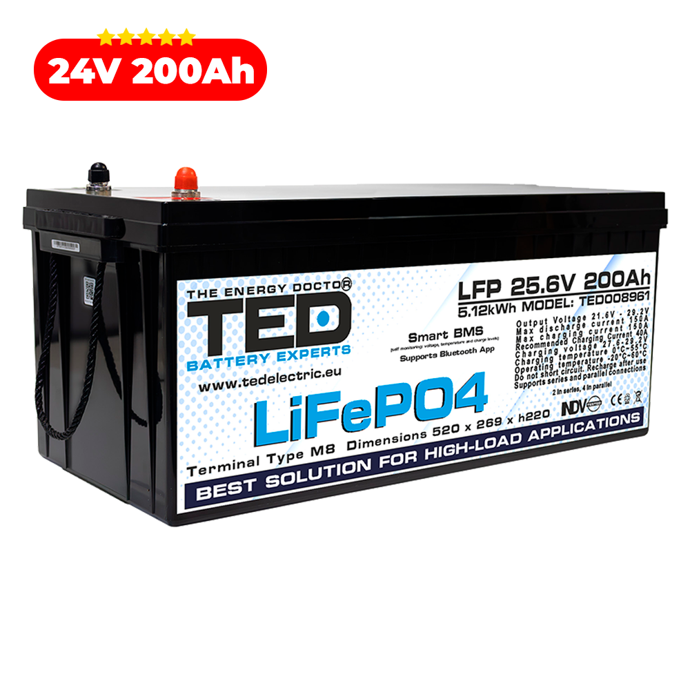 Baterie LiFePO4 24V 200Ah - Acumulator UPS Centrala Termica / Fotovoltaic cu BMS, Bluetooth TED Electric TED008961