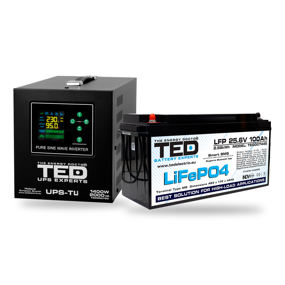 KIT UPS Centrala Termica 2000VA 1400W + Baterie LiFePO4 24V TED Electric TED006790 - selecteaza bateria Imagine principală a produsului