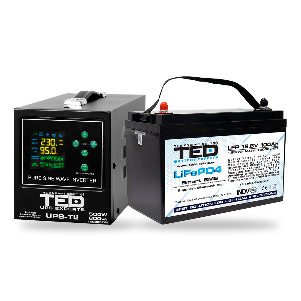KIT UPS Centrala Termica 800VA 500W + Baterie LiFePO4 12V TED Electric TED006769 - selecteaza bateria Imagine secundară a produsului