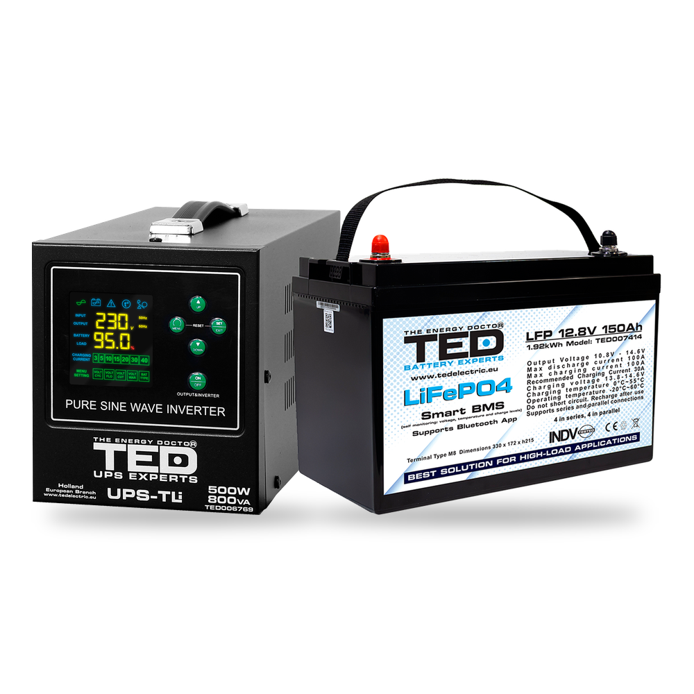 KIT UPS Centrala Termica 800VA 500W + Baterie LiFePO4 12V TED Electric TED006769 - selecteaza bateria Imagine secundară a produsului