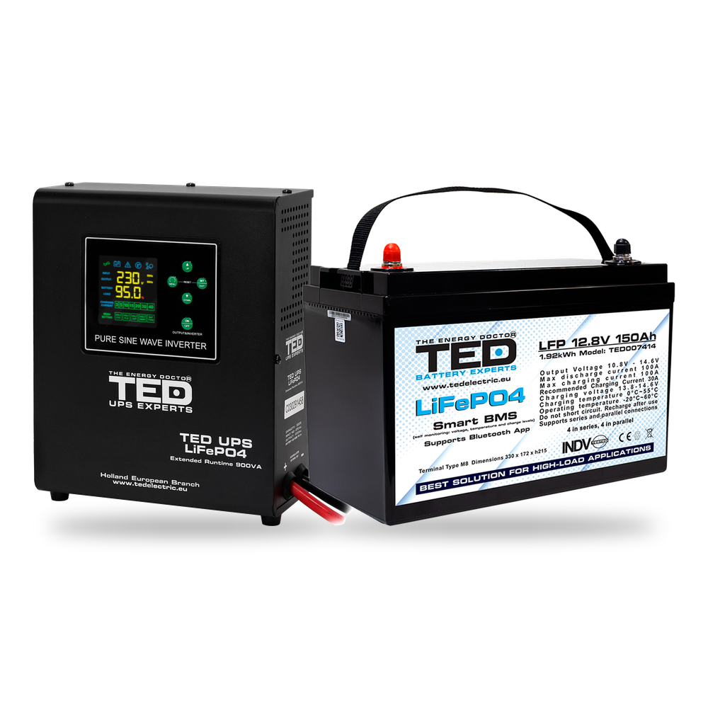 KIT UPS Centrala Termica Wall 900VA 500W + Baterie LiFePO4 12V TED Electric TED006653 - selecteaza bateria