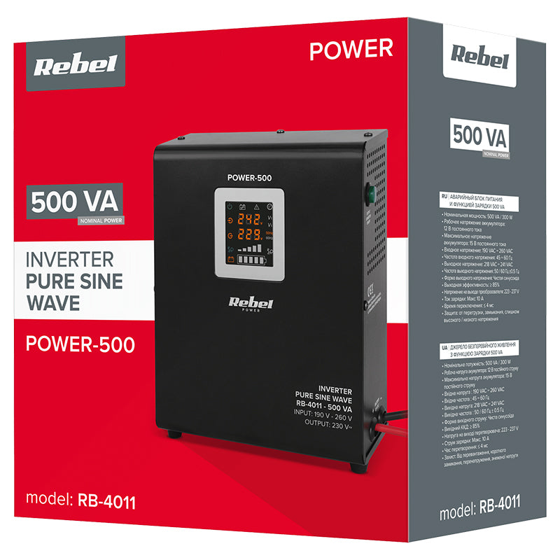 UPS Centrala Termica 500VA 300W Montaj Perete utilizeaza 1 x baterie 12V AGM / GEL / Auto Sinusoida Pura Rebel RB-4011