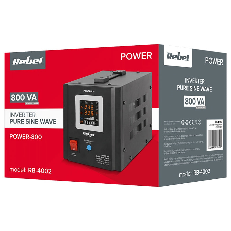 UPS Centrala Termica 800VA 500W utilizeaza 1 x baterie 12V AGM / GEL / Auto Sinusoida Pura Rebel RB-4002